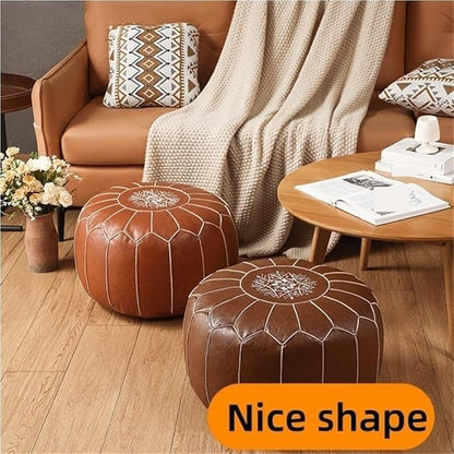 Vintage Leather Pouf Ottoman Round Meditation Cushion Floor Pouf Footrest Retro Fashion Style Floor Cushion for Living Room Solid Construction(Brown)