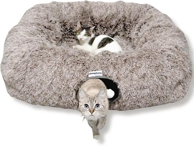 XxingSheep XL Cat Tunnel with Bed for Indoor Cats Peekaboo Cat Cave Donut Toy with Warm Mat,Yellow-Brown
