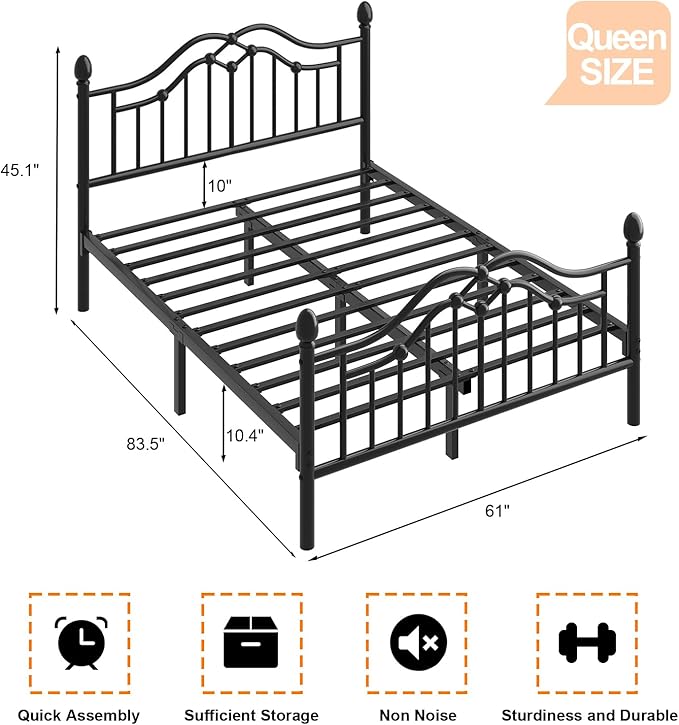 Queen Size Bed Frame, Metal Platform Bed with Victorian Headboard and Footboard, Strong Metal Slats Support, Mattress Foundation No Box Spring Needed, Easy Assembly, Noise Free, Black