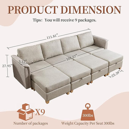 Modular Sectional Sofa,Modern Sectional U Shaped Couches for Living Room,8 Seat PU Leather Deep Seat Sectional Cloud Couch with Storage,Beige