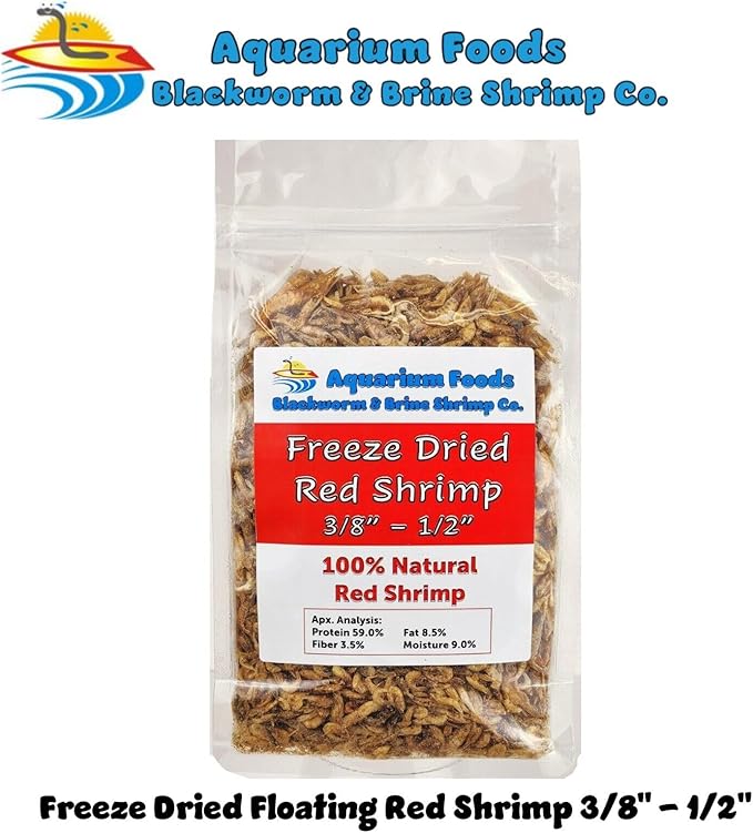 Aquatic Foods Inc. Red Shrimp, 3/8" to 1/2" Floating Freeze Dried Red Shrimp for All Tropical Fish, Cichlids, Medium Size Catfish, Marines, Pond Fish, Turtles, Hamsters, Rodents…4.3oz Clear Bag