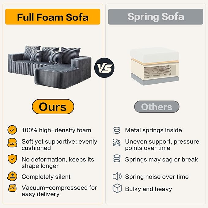 Boneless Couches for Living Room, 100.7" Cloud Sectional Couch with Oversized Chaise, L Shape Modular Couch Deep Seat, Corduroy Comfy Sofa for Bedroom, Compressed Sofa in a Box, Grey