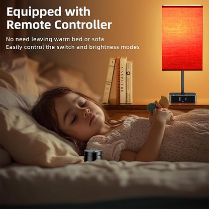 Bedroom Table Lamp with Remote Operation Control,Dimmable Bedside Table Desk Light with USB C+A Charging Ports 2 AC Outlets,Nightstand Lamp White Shade Lamp for Living Room,Dorm,Home Office,Decor