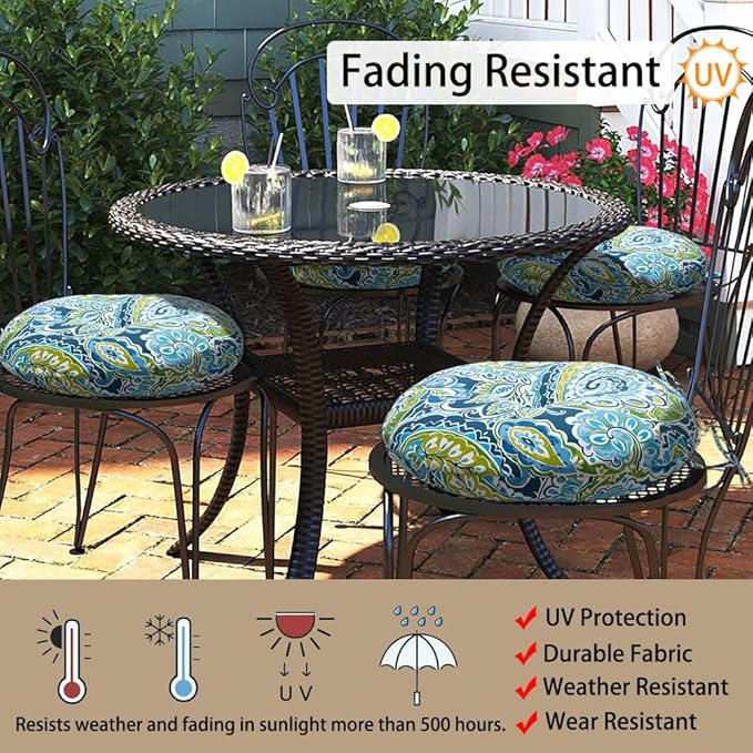 Magpie Fabrics Outdoor Round Bistro Seat Cushions with Ties, 15"x15"x4" Set of 2, Tufted Waterproof Barstool Chair Pads for Patio Home Garden Office, Paisley Lapis Green