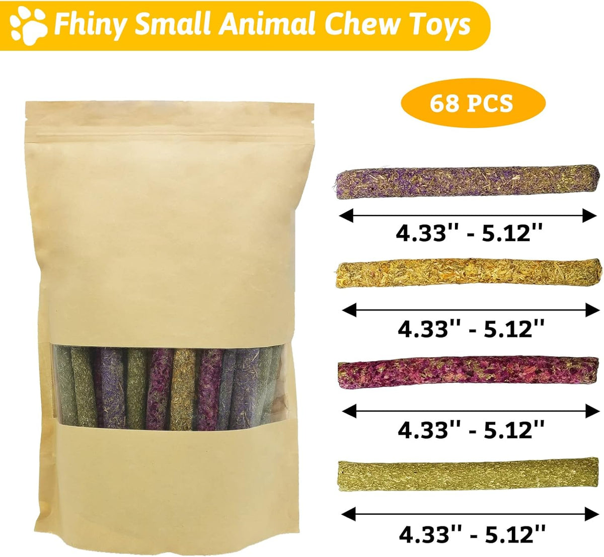 Fhiny 68 PCS Rabbit Chew Sticks, Natural Petals Timothy Hay Sticks Guinea Pig Chewing Toys for Teeth Small Animals Molar Snacks for Bunny Guinea Pig Chinchilla Hamster