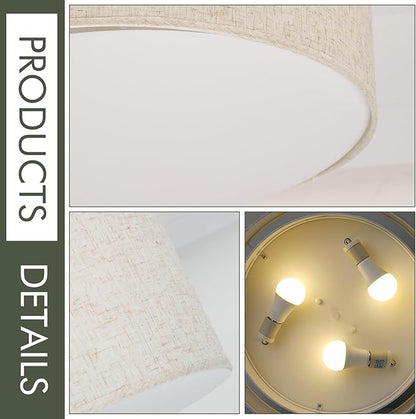Flush Mount Ceiling Light,16''Modern Close to Ceiling Lamp with Double Linen Fabric Shade,3 Light Semi Flush Mount Ceiling Light Fixture,Farmhouse Drum Light Fixture for Bedroom Living Room