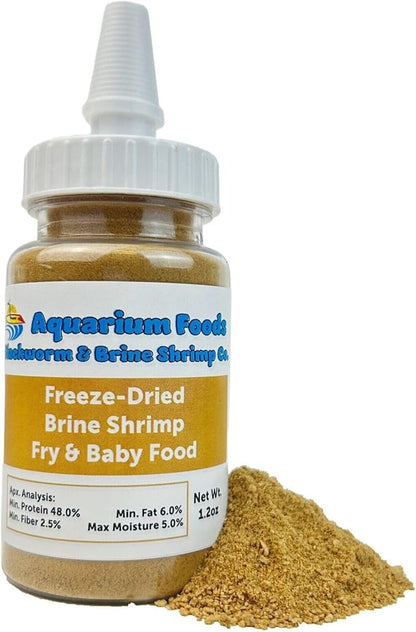 Aquatic Foods Inc. Brine Shrimp Powder-Small Bits Fry & Baby Food, for Freshwater Fish, Marines, Baby Pond Fish, Corals, Anemones, All Tiny Nanos, Fry and Babies…1.2oz Sm Squeeze Bottle