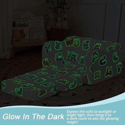 MeMoreCool Glow Alphabet Toddler Sofa Bed – 2-in-1 Foldable Foam Chair for Kids Light-Up Letters, Soft Supportive Foam, Machine-Washable Cover, Great for Boys and Girls