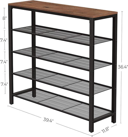VASAGLE INDESTIC Shoe Rack, Shoe Organizer for Closet with 4 Mesh Shelves and Large Top for Bags, Entryway Hallway Shoe Shelf, Steel Frame, Industrial, Hazelnut Brown and Black ULBS015B03