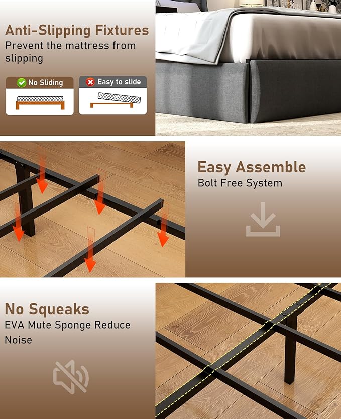 SADENICEL Full Size Bed Frame with Storage Headboard and 4 Drawer, Metal Full Bed Frame Platform with LED Light, Charging Station, No Box Spring Needed, Noise Free, Easy Assembly, Grey