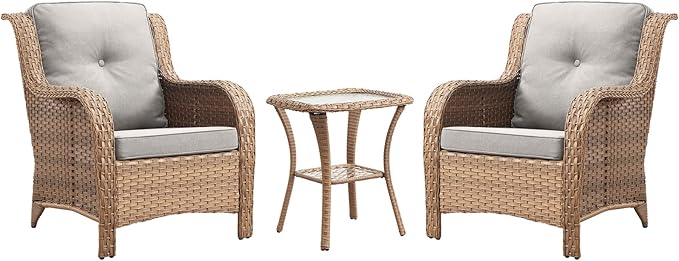 Rilyson Patio Bistro Set Outdoor Chairs - 3 Piece Wicker Rattan Patio Furniture Set with 2 Armrest Chair and 1 Side Table for Proch Deck Garden Backyard Balcony(Yellow/Beige)