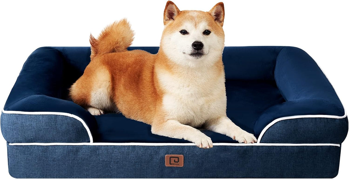 EHEYCIGA Orthopedic Dog Beds for Large Dogs, Waterproof Memory Foam Large Dog Bed with Sides, Non-Slip Bottom and Egg-Crate Foam Pet Couch Bed with Washable Removable Cover, Navy