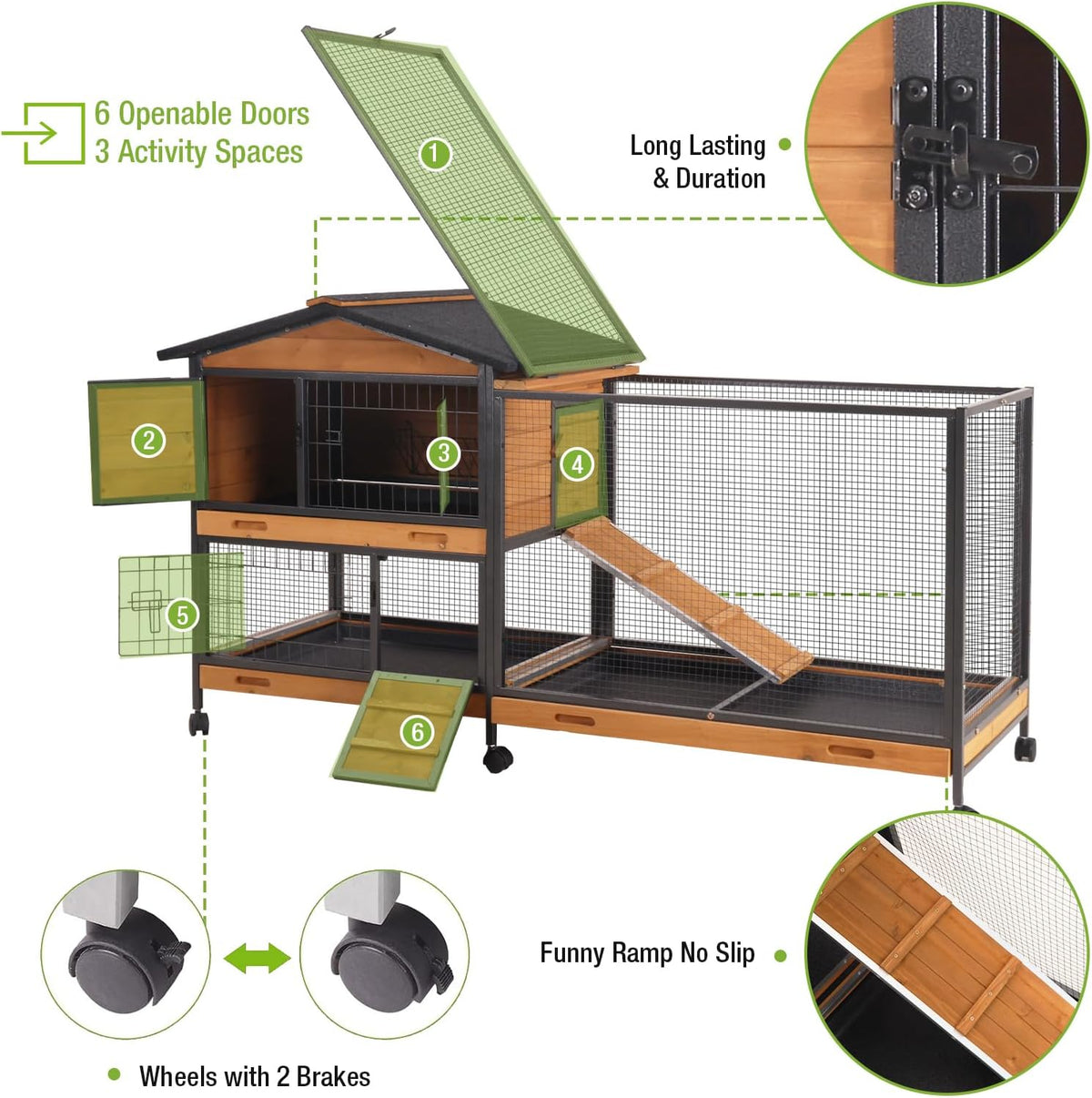 GUTINNEEN Rabbit Hutch Outdoor with Metal Surround Indoor Rabbit Cage with Wheels Bunny Cage Large Guinea Pig Cage for Small Animals with Tray