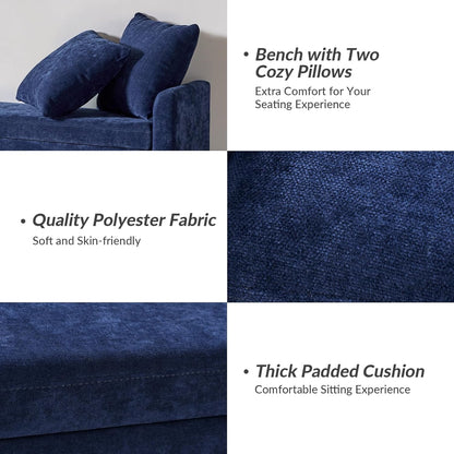HULALA HOME Modern Storage Ottoman Bench with Throw Pillows, 59.4" Extra Long Bedroom Bench for End of Bed, Comfy Upholstered Footstool for Entryway Living Room Dining Room, Navy