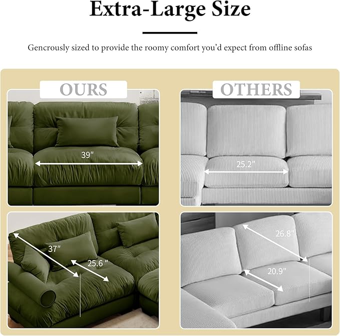 166" Oversized Couch, 4 Seater Modular Sectional Sofa, Olive Green Large L Shaped Sectional Couches for Living Room, Fluffy Couch Set, 4 Seater, Velvet Cloud with Ottoman, Sofas for Living Room