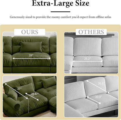 166" Oversized Couch, 4 Seater Modular Sectional Sofa, Olive Green Large L Shaped Sectional Couches for Living Room, Fluffy Couch Set, 4 Seater, Velvet Cloud with Ottoman, Sofas for Living Room