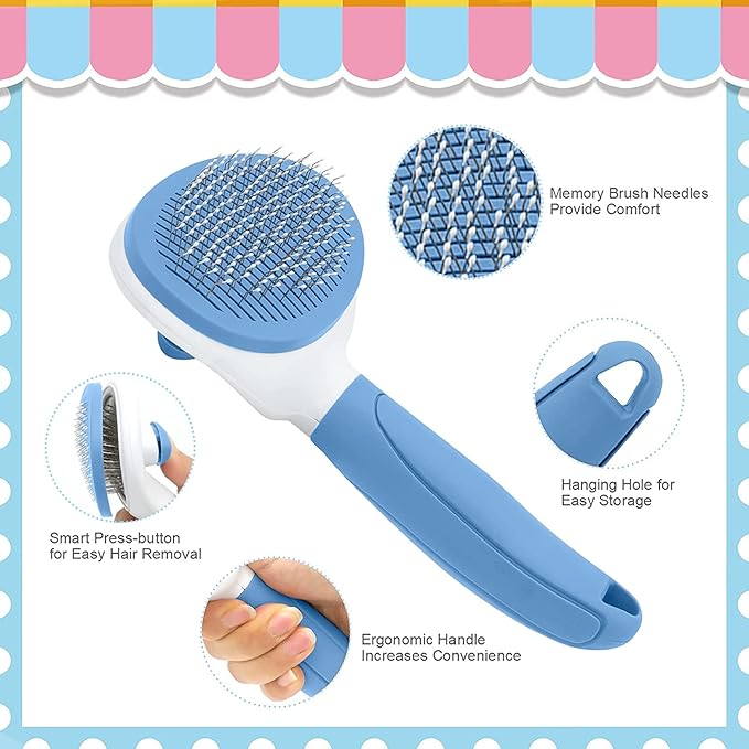 Self Cleaning Slicker Brush, Cat Brushes for Indoor Cats with Metal Comb, Dogs Cats Hair Brushes for Shedding, Pet Kitten Grooming Tool with Release Button for Long or Short Hair by KALAMANDA(Blue)