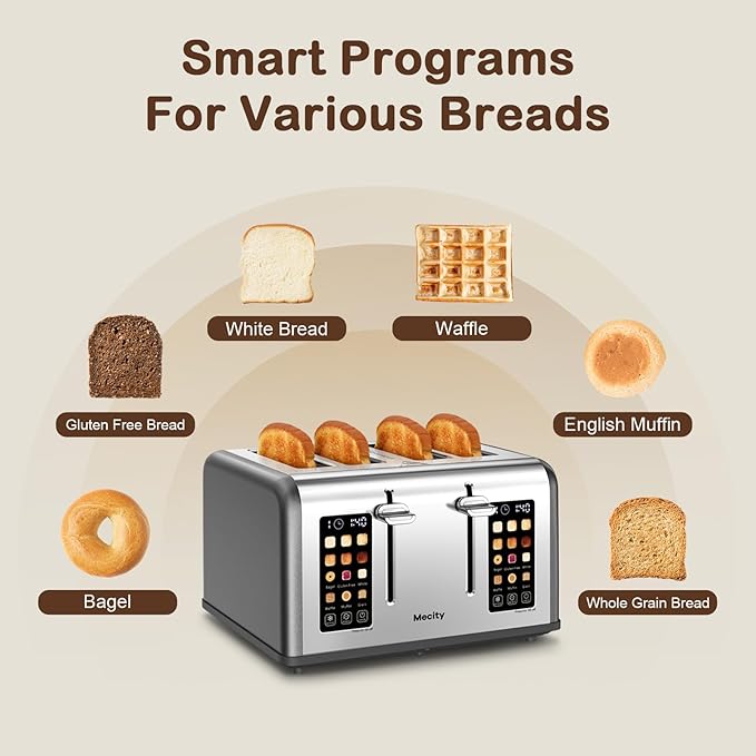 Mecity 4 Slice Toaster with Touch Screen Control, 4 Wide Slots, Stainless Steel
