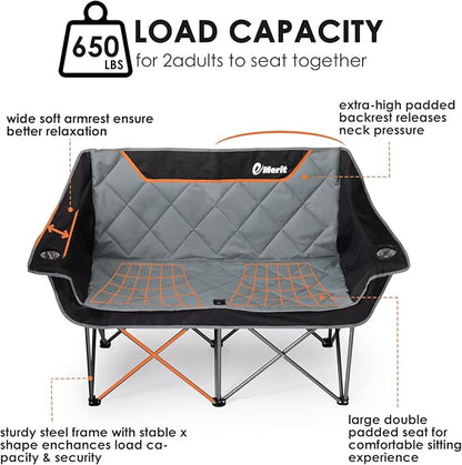 EMERIT Oversized Camping Chair with 650LB Capacity - Heavy Duty Folding Loveseat Camping Couch with Deep Seat & Rip-Resistant Fabric, Padded Comfort, Cup Holders for Outdoor, Lawn & Sports. | 650lb capacity, ripstop polyester, No center bar, cross-brac...
