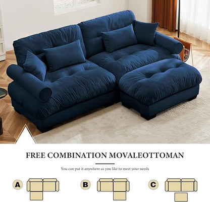 93.7" Loveseat Sofa, 2 Seater Modular Sectional Sofa, Blue Large L Shaped Sectional Couches for Living Room, Fluffy Couch, Love Seat, Velvet Cloud Couch with Ottoman, Deep Seat Sofas for Living Home