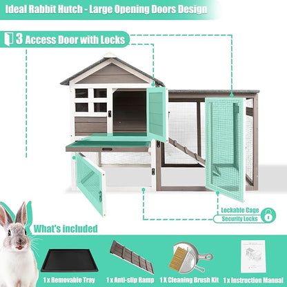 Gowoodhut 48" L Rabbit Hutch Indoor Outdoor Rabbit Cage with Run, Pull Out Tray, Asphalt Roof Large 2 Story Bunny Hutch Wooden Chicken Coop Guinea Pigs Pet House Cage for Small Animals(Grey)