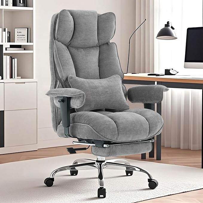 Efomao Executive Office Chair, Soft-Cushioned Computer Chair with Foot Rest, Fabric Home Office Desk Chairs, Big and Tall Office Chairs, Grey