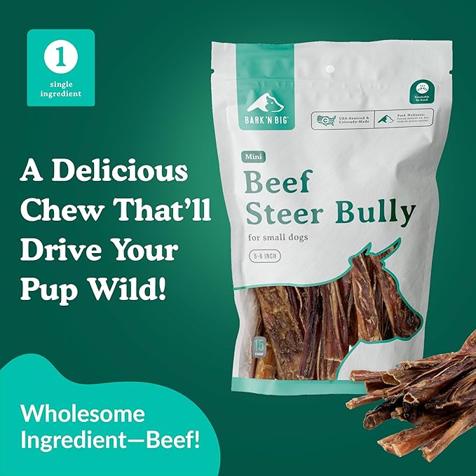 BARK'N BIG USA Beef Steer Sticks for Dogs 5-6 Inch Mini Bully Sticks - Natural Single Ingredient Dog Chews for Small Dogs & Puppies - Made in USA - 15 Count