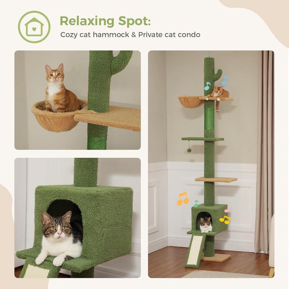 PEQULTI Floor to Ceiling Cat Tree, Tall Cat Tower, Adjustable Height (83''-108'') 5 Levels Climbing Tree for Indoor Cats with Cat Condo, Cozy Hammock and Scratching Post, Green