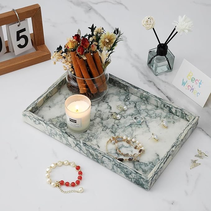 Marble Bathroom Tray,Pure Natural Vanity Tray,Marble Tray for Kitchen Counter Non-Ceramic/Non-Resin,Stone Trays 12 x 8 inch Cyan Green