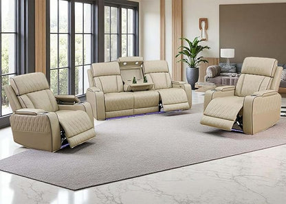 Toseslo Power Recliner Sofa Set with LED Light, Living Room Furniture Sets,Leather Sofa and 2 Chairs Set,Modern Power Reclining Sets with Cup Holder/Storage Console for House, Beige