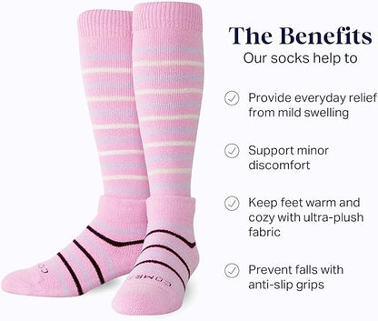 Comrad CozyGrip Slipper Socks - 10-15mmHg Graduated Compression Socks - Dual-Layer Knee High Socks with Anti-Slip Grips
