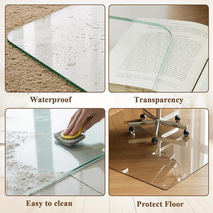 VETROUVE Chair Mat for Carpet 48" x 60" Tempered Glass Floor Mat on Carpet or Hard Floor with 4 Anti-Slip Pads, 1/5" Thick