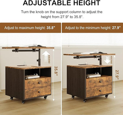 Bedroom Nightstand with Drawers & Charging Station, Adjustable Height Bedside Table with Wheels, Wooden Small Sofa Side Tables with Storage for Living Room, Rustic Brown