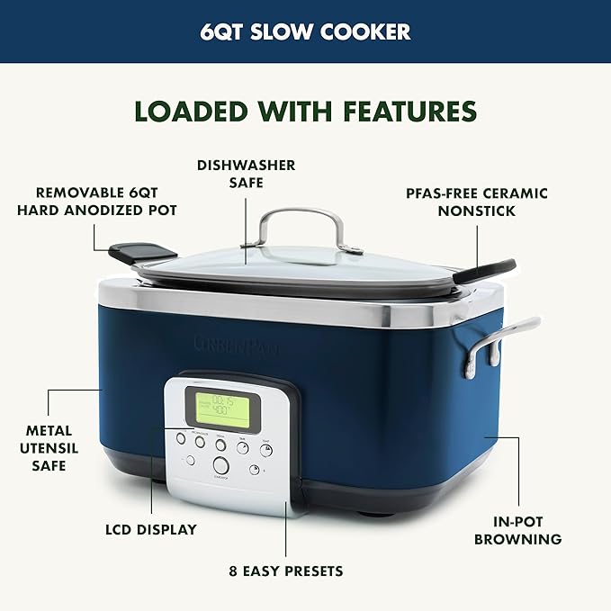 GreenPan Elite 8-in-1 Programmable 6QT Electric Slow Cooker, Dishwasher Safe