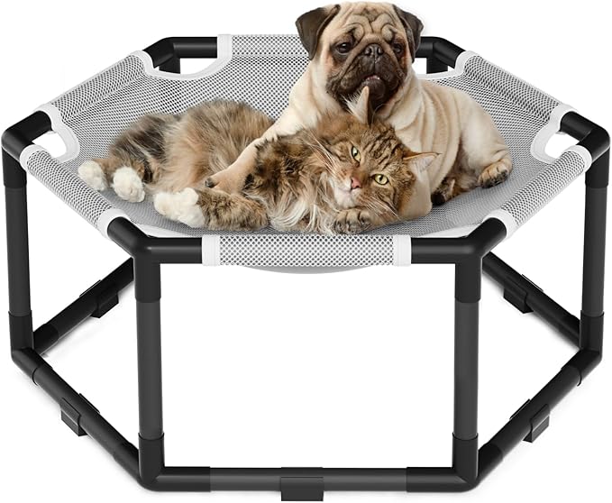 Tresbro Elevated Cat Hammock Bed, Hexagon Raised Cat Swing Bed for Indoor and Outdoor Use with Breathable Fabric & Anti-Slip Block, 23.6'' x 10.6'' x 12'' Pet Chair for Large to Small Kitty Cot