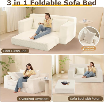 Convertible Sofa Bed, 3 in 1 Loveseat Folding Couch Bed Foldable - Chaise Lounge Chair & Floor Futon Sleeper, Corduroy Pull Out Sofa Bed with 4 Pillows for Living Room, Beige
