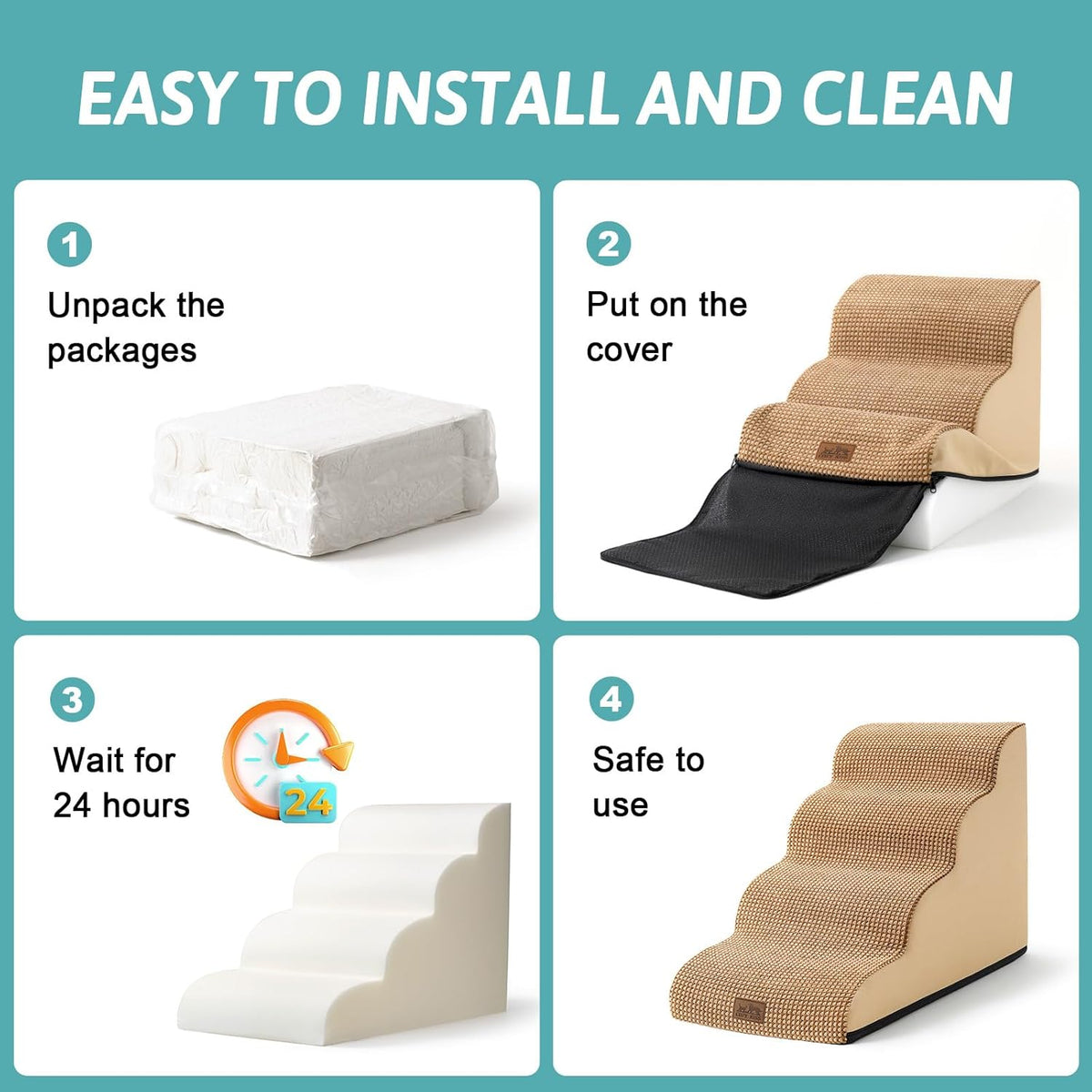 Dog Stairs for High Bed 22.6" H, Small Dog Step for Puppy, Older or Cat, Curved Ramp for Car, Ladder with High Density Foam, Lightweight, Durable, 15.7x33x22.6 inch, 5 Step, Light Brown