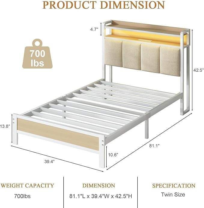 Twin Bed Frame with Storage Headboard, Metal Platform Bed Frames Twin with LED Lights and Charging Station, Heavy Duty Metal Slats, No Box Spring Needed, Easy Assembly, Beige