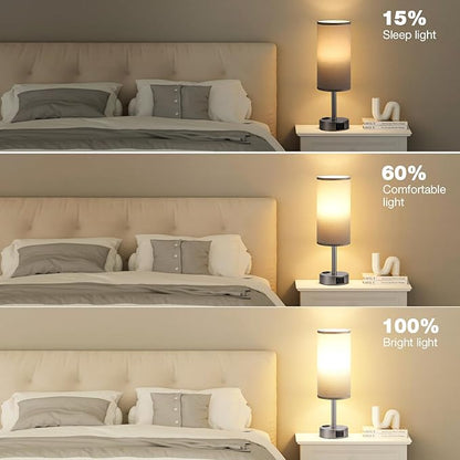 Fenmzee Grey Bedside Table Lamp for Bedroom - 3 Way Dimmable Touch Lamp USB C Charging Ports and AC Outlet, Small Lamp for Living Room, Desk, LED Bulb Included