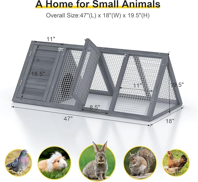 Rabbit Hutch Outdoor Chicken Coop Wooden A-Frame Small Animal Cage Quail Cage w/Chicken Run & Ventilated Wire Fence Suitable for Garden Backyard Farms 47 x 18 x 19.5 in (Grey)