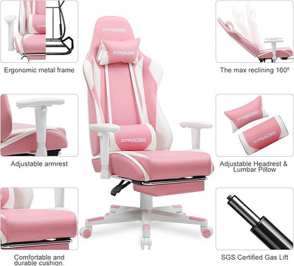 GTPLAYER Gaming Chair with Footrest, Ergonomic Computer Game Desk Chair, Reclining Game Chair Seat Height Adjustment, Swivel Rocker with Headrest and Lumbar (Pink)