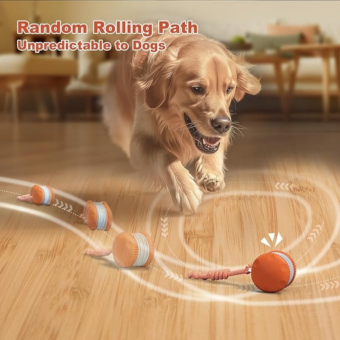 Interactive Dog Toys, Random Path Electric Automatic Moving and Rolling Dogs Toy with Rope for Small Medium Large Dogs, Motion-Activated Dog Stimulation Toy for Boredom Relief (Orange)