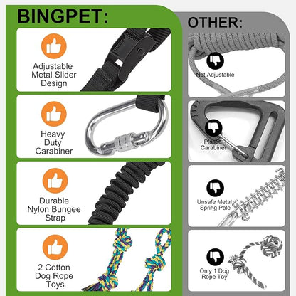 BINGPET Outdoor Dog Hanging Bungee Tug Toy,Heavy Duty Tether Tug of War Dog Toy with 2 Chew Rope Toys for Pitbull Small Medium Large Dogs Interactive Exercise and Fun Solo Play Outside