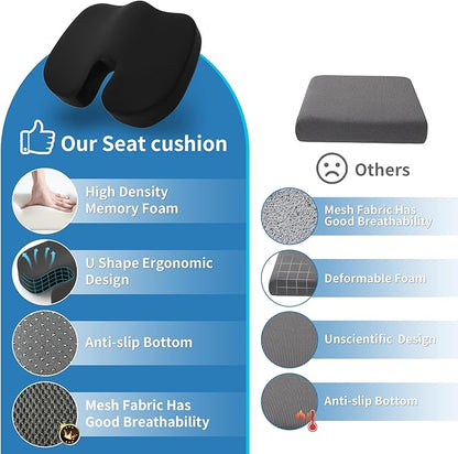 assountgh Seat Cushion &Office Chair Cushion,Lumbar Support Pillow for Office Chair,Ergonomic Memory Foam Non-Slip Office Chair Cushion,Back Support Cushions for Tailbone&Sciatica Pain Relief Black