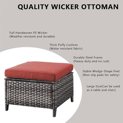 Rilyson Wicker Patio Furniture Sofa Set - 6 Piece Rattan Outdoor Patio Sectional Conversation Sets with 2 Sofa,2 Armrest Chairs and 2 Ottomans for Porch Deck Garden(Mixed Grey/Red)