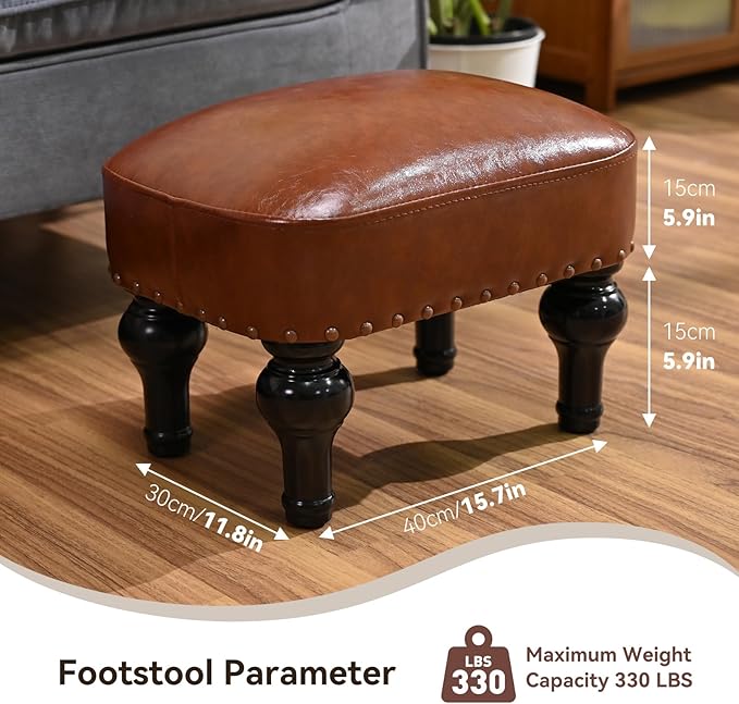 DSGAMER Leather Ottoman Footrest,Rustic Foot Stools Seat,Wood Footstool Rectangle Footrest Small Ottoman for Bedroom,Living Room,Office,Entrance Hall (DEEP Brown)