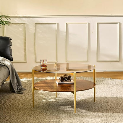 Saint Mossi Glass Round Coffee Table for Living Room, Middle-Century Modern Style, Coffee Brown Glass Top & Walnut Brown MDF Wood Top, with Gold Finish Legs & Frame