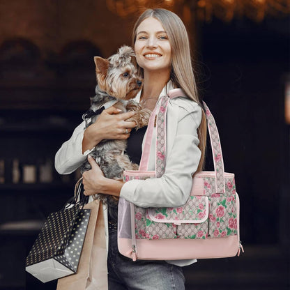 Dog Carrier, Cat Carrier, Pet Carrier, Foldable Waterproof Premium PU Leather Oxford Cloth Dog Purse, Portable Tote Bag Carrier for Small to Medium Cats and Small Dogs (Flower Pattern)