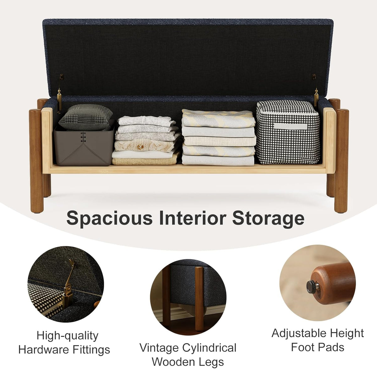 Storage Ottoman Bench, End of Bed Bench for Bedroom, 47" Boucle Upholstered Entryway Shoe Seat Bench, Holds up to 660 lb Storage Ottoman, Padded Blanket Chest Stool Foot Rest for Living Room Blue