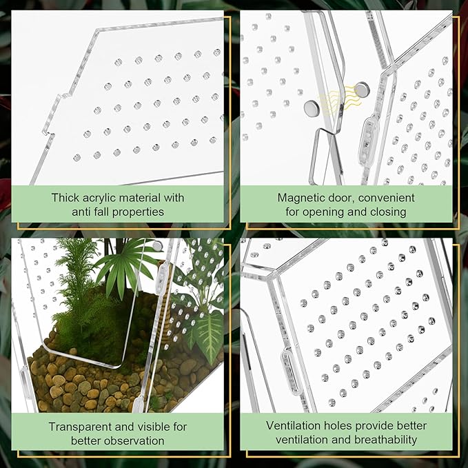 Yalikop Acrylic Jumping Spider Habitat Versatile Reptile Enclosure Transparent Insect Terrarium Habitat for Spiders, Tarantula, Gecko, Chameleon, Beetle, Mantis, and Hermit Crab(Clear,L)